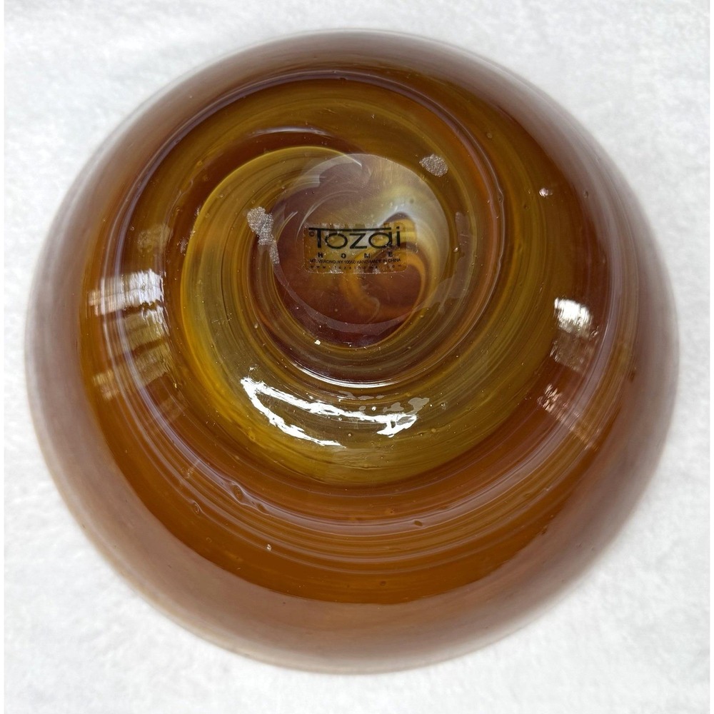 Tozai Large Glass Bowl Hand Made Amber Swirls Decorative Excellent Condition